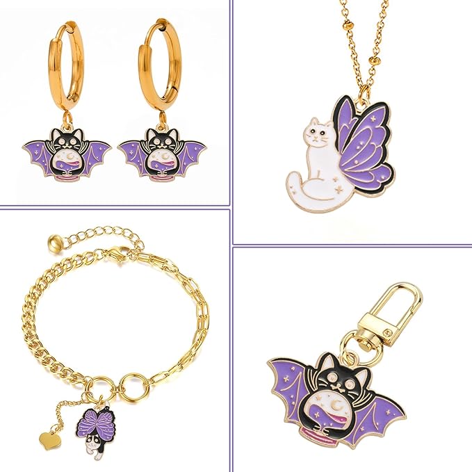 KitBeads 15pcs Enamel Butterfly Cat Charms Mixed Styles Purple Kitten Charms Halloween Bat Tarot Cat Charms for Jewelry Making Bracelets Bulk
