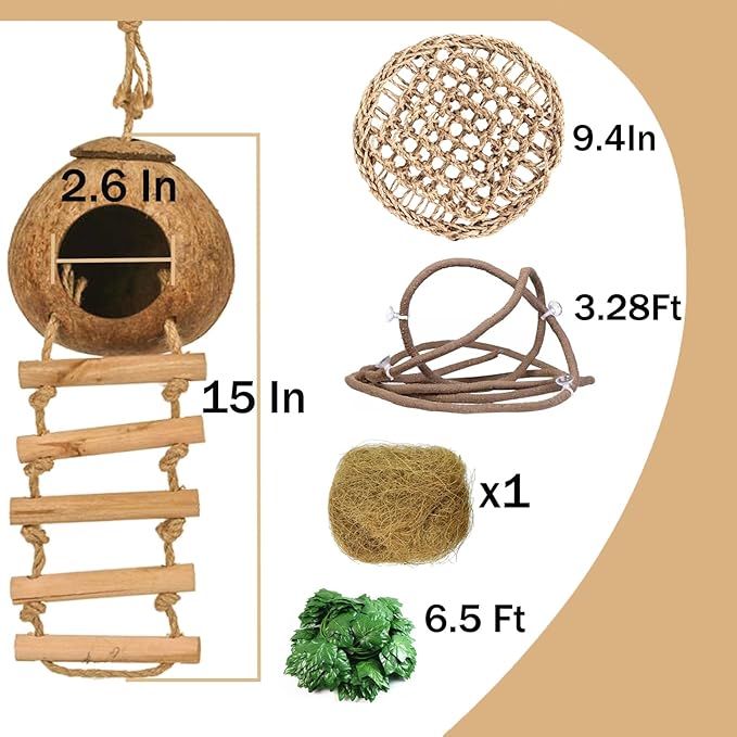 Crested Gecko Tank Accessories, Reptile Hammock and Vines Plants, Coco Hut Coconut Shell with Ladder Hideout Cave Habitat Decor for Lizard Leopard Gecko Tortoise Amphibians Hermit Crab