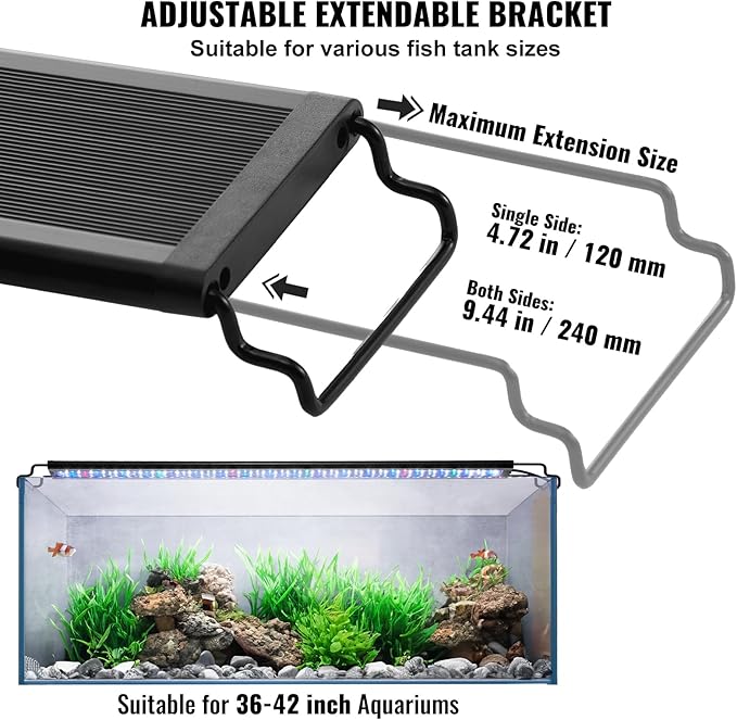 VEVOR Aquarium Light, 36W Full Spectrum Fish Tank Light with 24/7 Natural Mode, Adjustable Timer & 5-Level Brightness, with Aluminum Alloy Shell Extendable Brackets for 36"-42" Freshwater Planted Tank