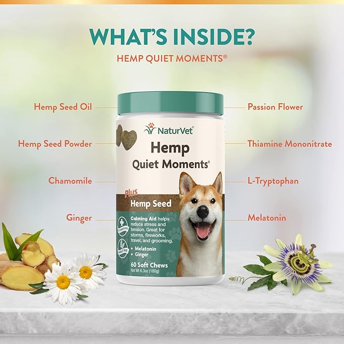 NaturVet Quiet Moments Plus Hemp Calming Aid Soft Chews for Dogs, Count of 60, 60 CT