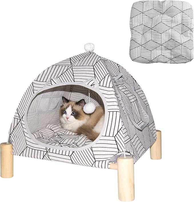 Pozico 2 in 1 Cat Bed Tent Wooden Frame Cat Teepee Cat Hammock, Quick Assembly and Disassembly, Portable Indoor/Outdoor Pet Dog Tent House for Cats Puppies Small Animals:White Diamond Tent