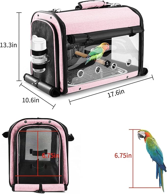 SUERTREE Bird Carrier Bag Bird Travel Cage with Stand, Lightweight Backpack for Parrot, Portable Bird Travel Bag, Pet Transparent Breathable Travel Cage, Pink
