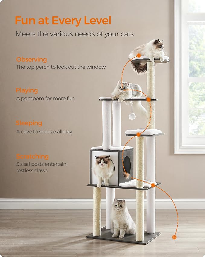 Feandrea WoodyWonders Cat Tree, 65-Inch Modern Cat Tower for Indoor Cats, Multi-Level Cat Condo with 5 Scratching Posts, Perch, Washable Removable Cushions, Cat Furniture, Misty Gray UPCT166G03