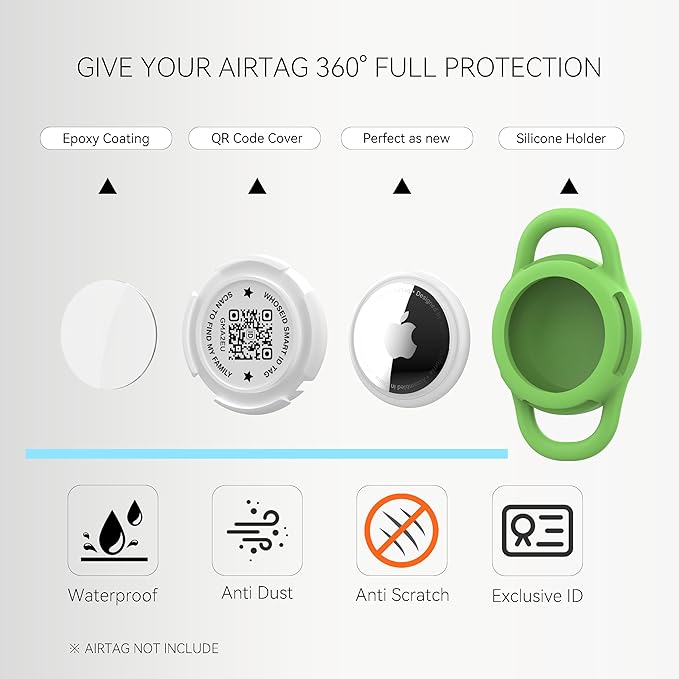 QR Code Airtag Holder, Scan QR Code Send Location Alert Email, Waterproof Full Body Protection Anti-Lost Air Tag Case, Airtag Accessories for Dog, Cats, Collar, Backpack (Green, Small)