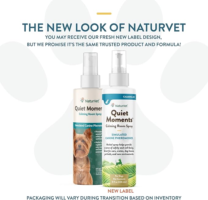 NaturVet Quiet Moments Herbal Calming Room Spray Dog Supplement – Ideal for Cars, Dog Crates, New Environments – Helps Reduce Pet Stress, Storm Anxiety, Motion Sickness – 8 Oz.