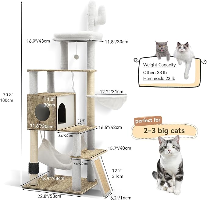 YITAHOME Modern Cat Tree for Indoor Cats with Self-Grooming Brush, 69" Tall Wooden Cat Tower with Condo, Hammock, Scratching Post, Board, Removable Pads for Kittens Big Cats，Greige