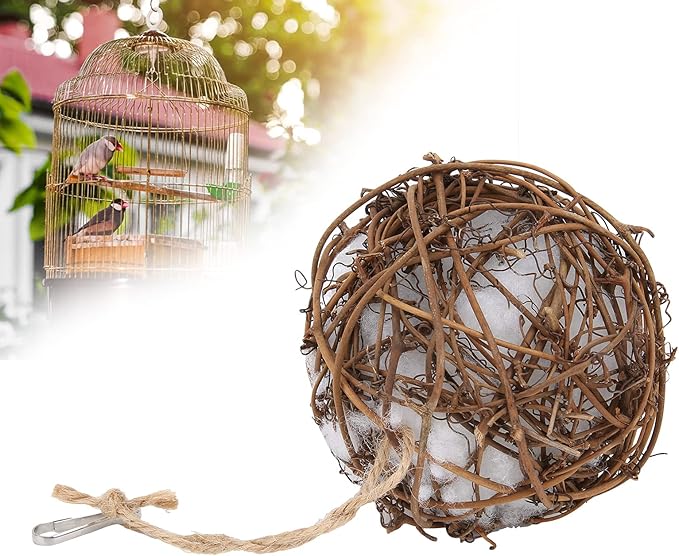 Parrot Rattan Ball Toy, Humming Bird Nesting Rattan Ball Toy with Refillable Cotton for Wild Birds Wrens Finches Sparrows