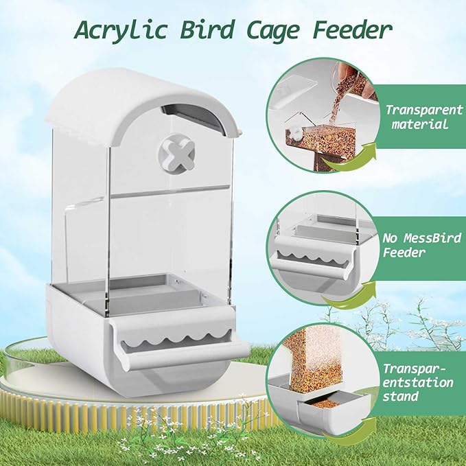 Automatic Bird Feeder for Cage 5Pcs No Mess Parrot Feeder Transparent Acrylic Seed Food Container Cage Accessories with Ball Toy for Small and Medium Parakeets Lovebirds (White)