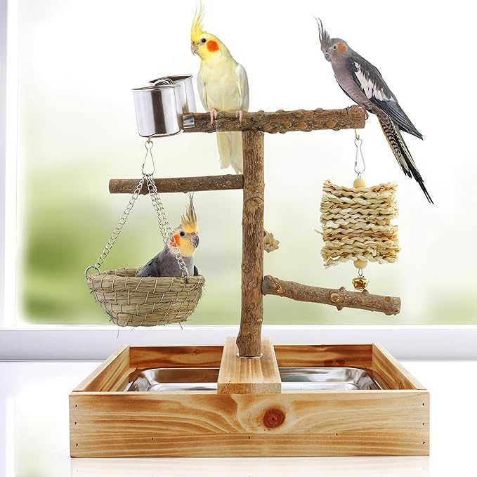 Mogoko Natural Bird Playground Bird Perches, Bird Cage Accessories, Bird Toys Playground, Bird Perch Stand Parrot stand, includes 2 Stainless Steel Cups and Removable Tray