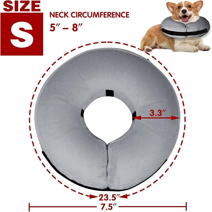Inflatable Dog Collar-Soft Protective Cone for Dogs After Surgery,Dog Donut Collar Suitable for Dogs and Cats,Dog Cone Collar to Prevent Pets from Touching Stitches,Wounds Rashes(Grey,S)
