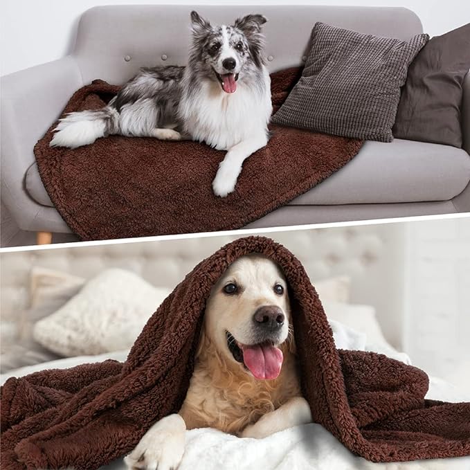 PetAmi Fluffy Waterproof Dog Blanket for Bed Large Dogs, Soft Warm Pet Sherpa Throw Pee Proof Couch Cover, Reversible Cat Blanket Sofa Crate Kennel Protector, Washable Mat Queen (Brown, 90x90)