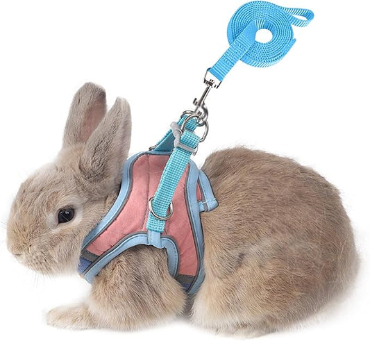 Adjustable Bunny Harness and Leash Set Double Buckle with Reflective Strips Rabbit Vest Pets Stuff Suitable for Rabbit Walks Accessories (Powder Blue, M)