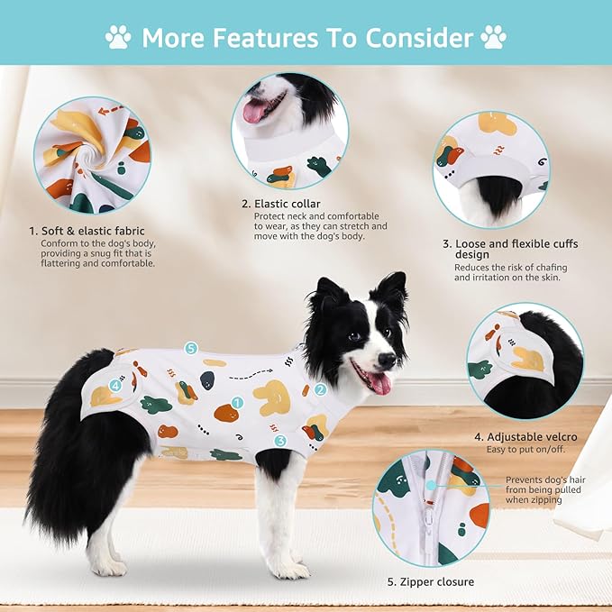 Recovery Suit for Dogs, Dog Surgery Recovery Suit with Zipper Closure Post Spay, Neuter, Abdominal Surgical Suit for Male Female Dogs Can Pee, Prevent Licking Dog Onesies, White Bear, L