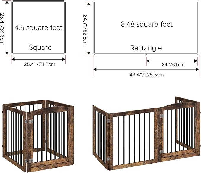 Folding Pet Gate 96" Wide, 30" Tall No-Assembly Wooden Dog Gate with Door Walk Through, Freestanding Pet Gate, Puppy Safety Fence, with 2PCS Support - Rustic Brown