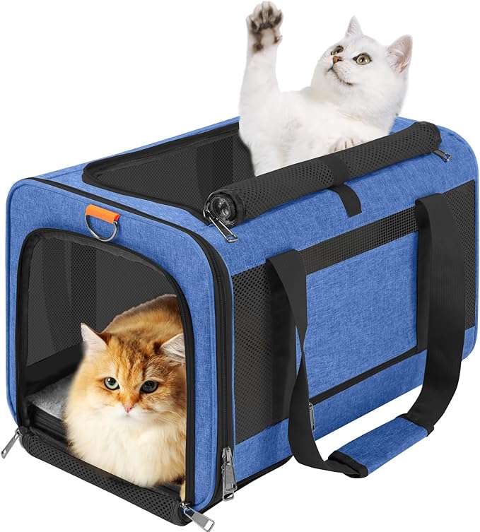 Soft-Sided Top Loading Adult Cat Carrier 20lbs, Yorkie Fabric Collapsible Comfy Cage for Teacup Dog, Easy Entry Maltese Pet Travel Purse, Kitty Carseat Animal Carrying Case Soft Kennel Blue