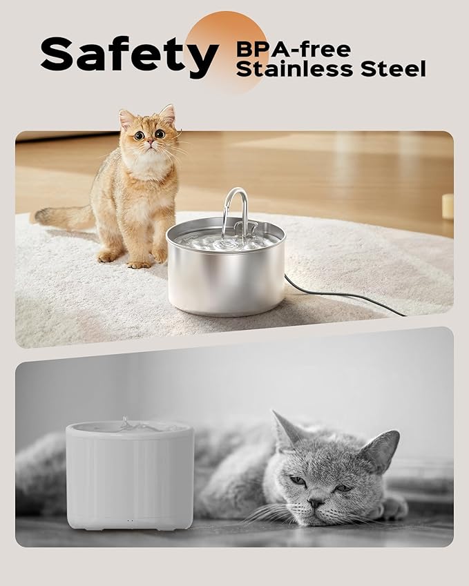 Cat Water Fountain: Stainless Steel Pet Water Fountains Indoor Metal Automatic Cat/Dog Waterer Bowls Faucet Bottle Watering Pets 24/7 Running Water Dispenser for Drinking Ultra Quiet Pump with Filters