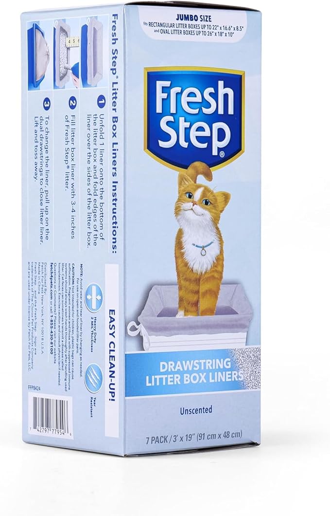 Fresh Step Drawstring Large Litter Box Liners | Heavy Duty Liners for Cat Litter Box | Scented & Unscented Available | Quick & Easy Cleanup, Unscented, Jumbo, 28 Count, 4 Pack