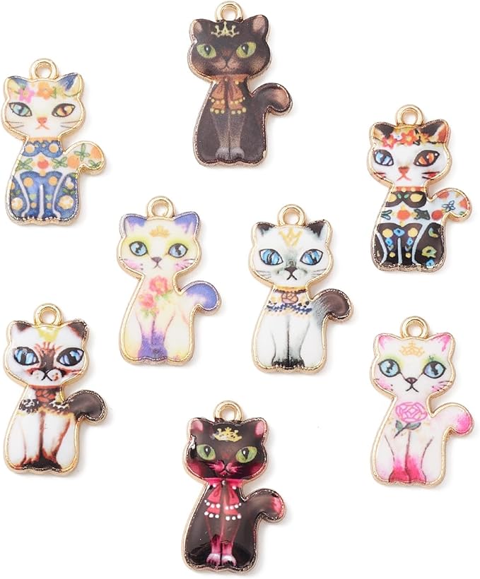 KitBeads 40pcs 8 Styles Cat Charms Flower Printed Animal Pet Charms Vintage Cute Colorful Kitten Charms for Jewelry Making Bulk