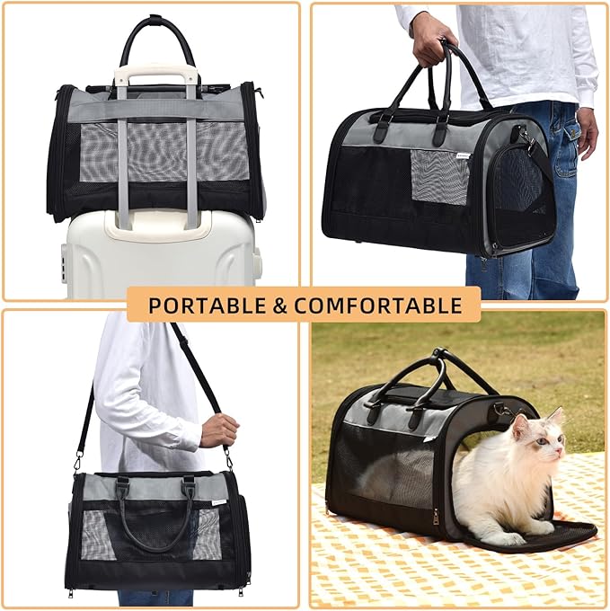 PET MARVEL Cat Carrier Soft Sided for Small Medium Cats Puppy up to 15 Lbs, Airline Approved Mesh Pet Travel Bag, Breathable Bite-Resistant Fabric with Removable Washable Mat