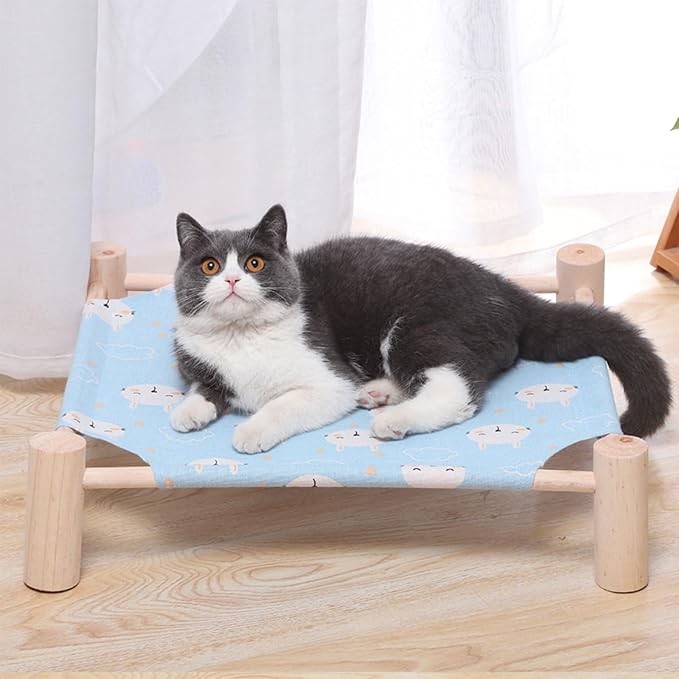 Pozico Cat/Dog Bed Hammock Cat Bed, Wooden Dog Elevated Indoor Outdoor Beds, Raised Cat Cots Furniture Pet Bed Puppy Bed Portable Breathable Mesh Cat Beds for Small Animals-Blue Rabbit