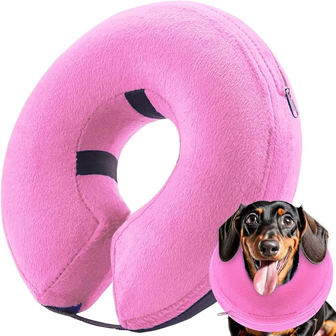 Inflatable Dog Cone Collar (M Size), Soft Blow-up Protective Recovery Dog Collar, Pet Donut Cone Collar, Comfy E-Collar After Surgery for Medium Dog to Prevent Biting Scratching, Pink