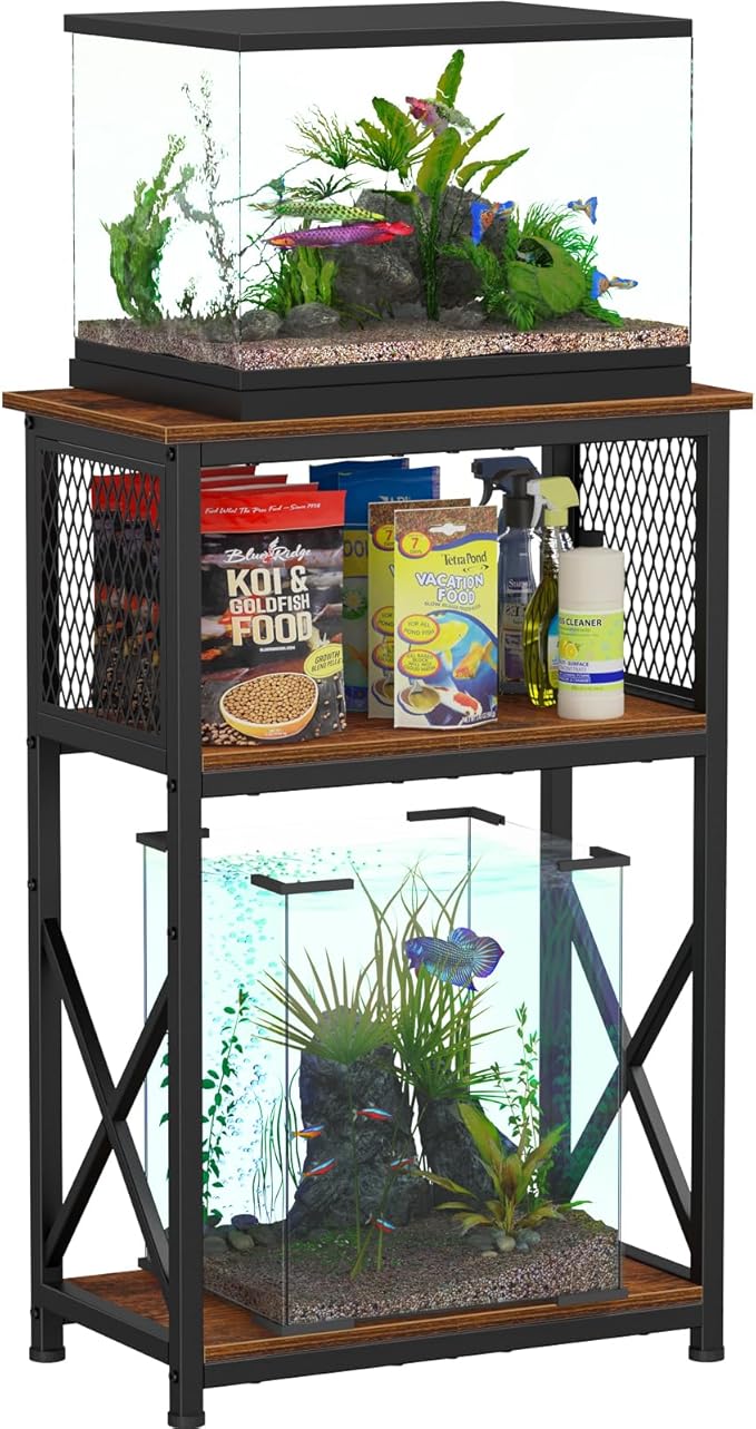 Snughome Fish Tank Stand, 10 Gallon Aquarium Stand with Storage, 3 Tier Heavy Metal Fish Tank Stand Fish Tank Shelf 20.47''L×11.42''W×30.91''H, Rustic Brown