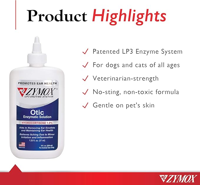 Zymox Otic Enzymatic Solution for Dogs and Cats to Soothe Ear Infections with 1% Hydrocortisone for Itch Relief, 8oz