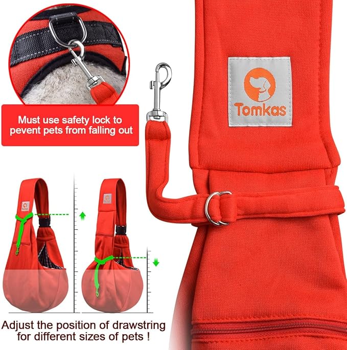 Tomkas Dog Carrier Sling with Adjustable Buckle Strap & Zip Pocket & Snap Closure for pet Puppy cat (M - Adjustable for 3-10 lbs, Red)