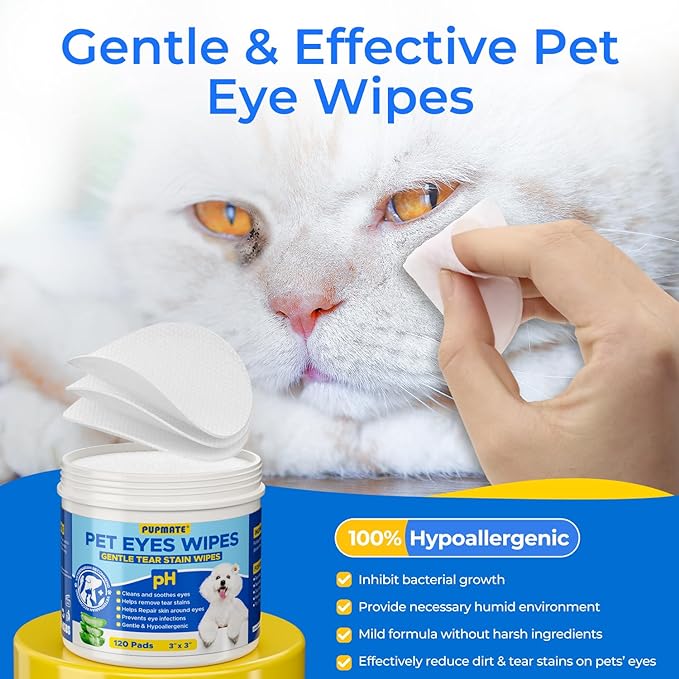 Eyes Wipes for Dogs & Cats | Face Tear Stain Remover | Gentle and pH Balanced | Aloe Pet Grooming Deodorizing Wipes for White Dogs Eye Debris, Discharge, Mucus, Crust 120pcs