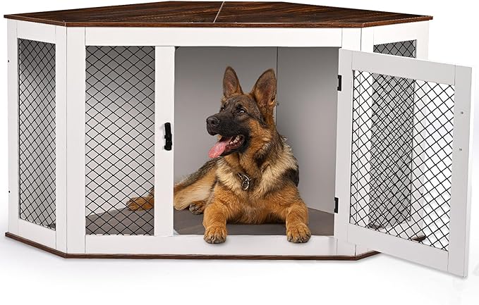 Corner Dog Crate Furniture, Wooden Dog Kennel End Table with Door Furniture Style Dog House Pet Crate Indoor Use for Small Medium Large Dogs