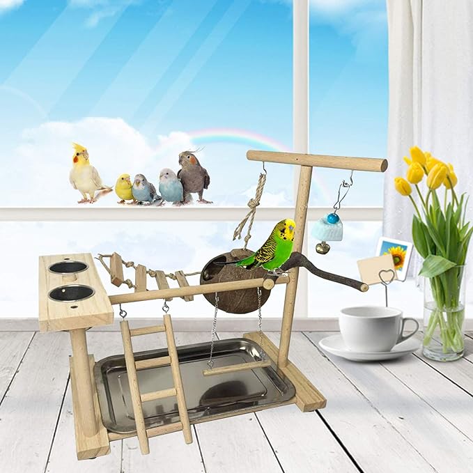 Parrots Playground Bird Play Stand Natural Wood Perch Gym Parakeet Nest Climb Swing Ladders with Feeder Cups Ladders Lovebirds Cage Accessories Toy Exercise Activity for Conure Cockatiel Lovebirds