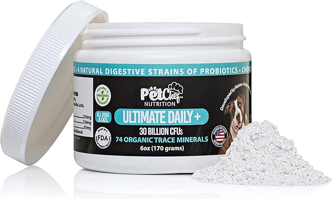 Ultimate Pet Chef Dog Cat Powder Food Topper. 74 Organic Minerals, Prebiotics, Probiotics, Hip and Joint Benefits and Luxurious Fur. Stops Fur Shedding No Smell. No Taste. Sprinkle Over Any Food.