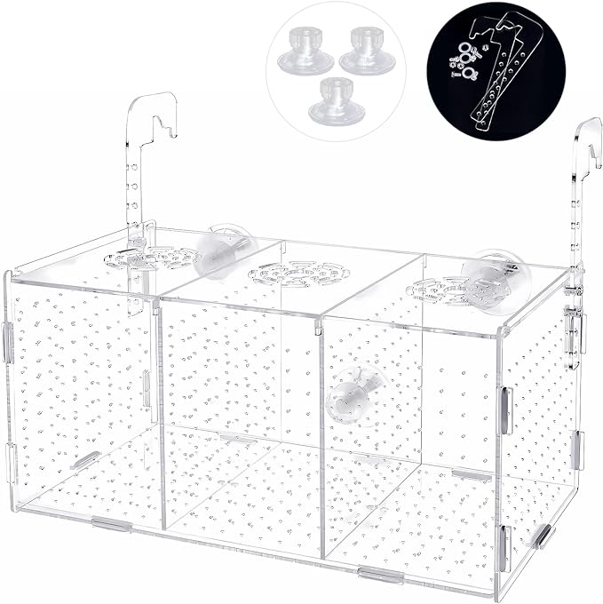 Fish Breeding Box, Acrylic Fish Isolation Box,Fish Separator for Aquarium, Aquarium Incubator with Suction Cups for Newborn Fry Shrimp Guppy Clownfish Aggressive Fish(11.5" x 6" x 6")