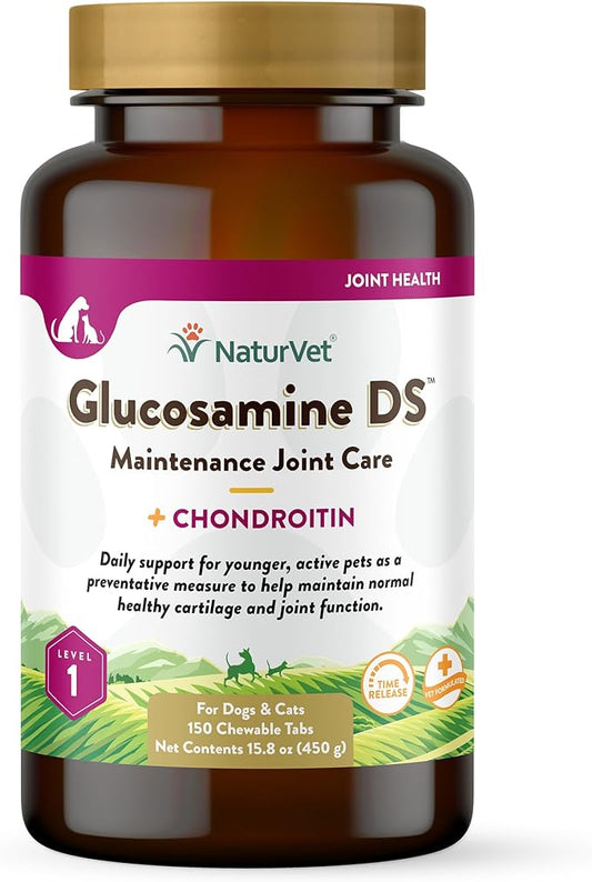 NaturVet Glucosamine DS Level 1 Maintenance Care Hip & Joint Support Pet Supplement for Dogs & Cats –Glucosamine, Chondroitin, Antioxidants –Supports Cartilage, Joint Function – 150 Ct.