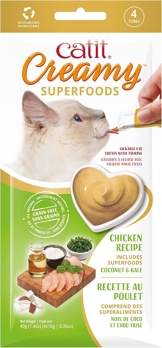 Catit Creamy Superfood Lickable Cat Treat – Hydrating and Healthy Treat for Cats of All Ages - Chicken with Coconut & Kale, 4-Pack