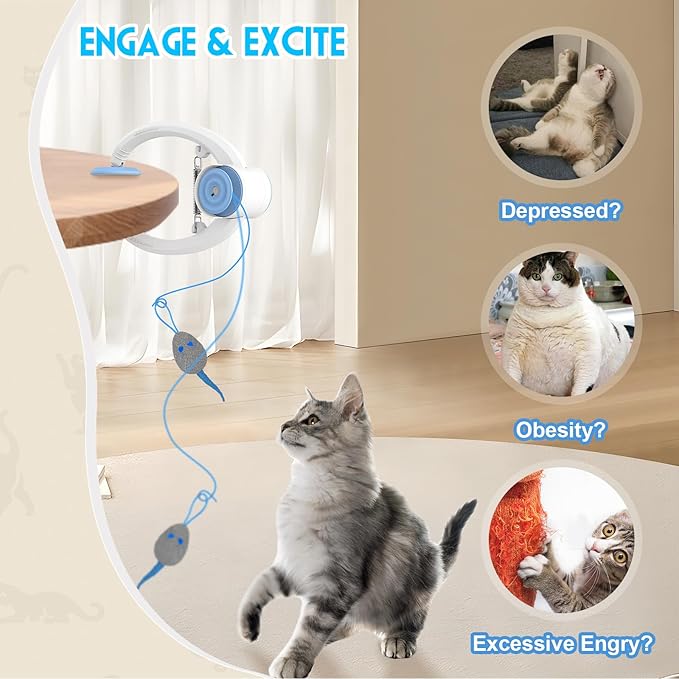 Cat Toy Interactive for Indoor Cats, Smart USB Rechargeable Door Hanging Automatic Retractable Kitten Toys, Teaser Electronic Self Play Feather Cat String Toys Attached with 3 Catnip Mice White