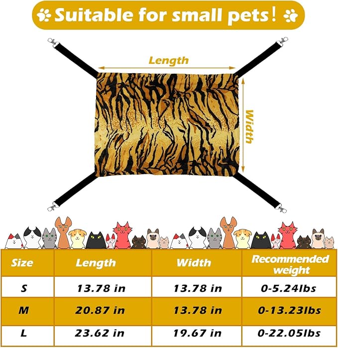 2 Pieces Reversible Cat Hanging Hammock Soft Breathable Pet Cage Hammock with Adjustable Straps and Metal Hooks Double-Sided Hanging Bed for Cats Small Dogs Rabbits (Zebra, Tiger Stripes,S)