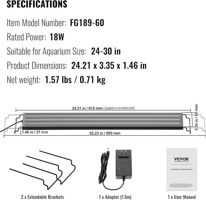 VEVOR Aquarium Light, 18W Full Spectrum Fish Tank Light with 5 Levels Adjustable Brightness, Adjustable Timer and Power-Off Memory, with ABS Shell Extendable Brackets for 24"-30" Freshwater Fish Tank
