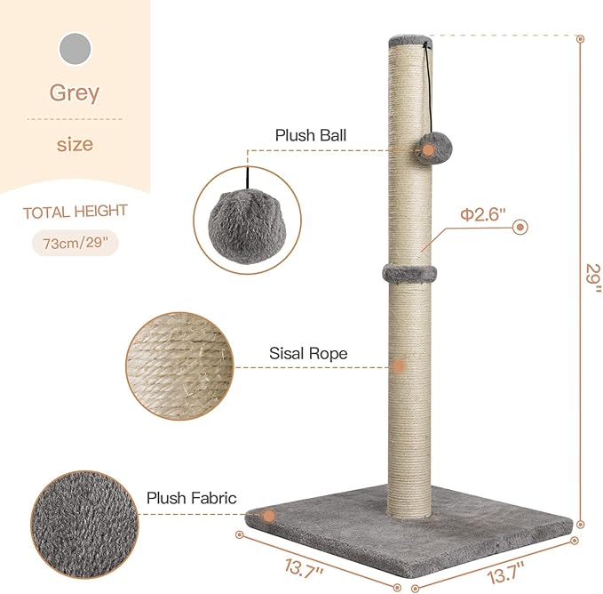 29 Inches Cat Scratching Post, Cat Scratch Post Kitten Scratcher with Sisal Rope, Scratching Post for Indoor Cats with Hanging Ball