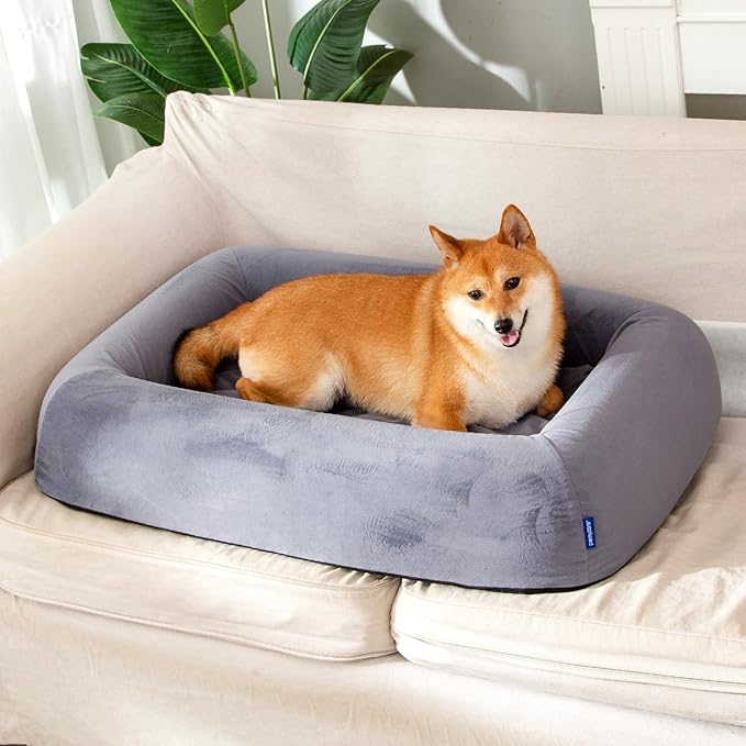 Orthopedic Dog Bed for Large Dogs Waterproof Pet Bed Soft Sofa with Two Fabrics Washable Removable Cover Egg Foam Support Anti-Slip Bottom Extra Head and Neck Support Sleeper,L Grey