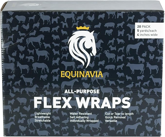 Equinavia 20 Pack Self Adhesive 4 Inch Vet Wraps with Easy-Dispenser Case | Bandages for Horses, Pets, Sports, Tattoo - Black - 20 x 5 yd - Blue - 20 x 5 yd