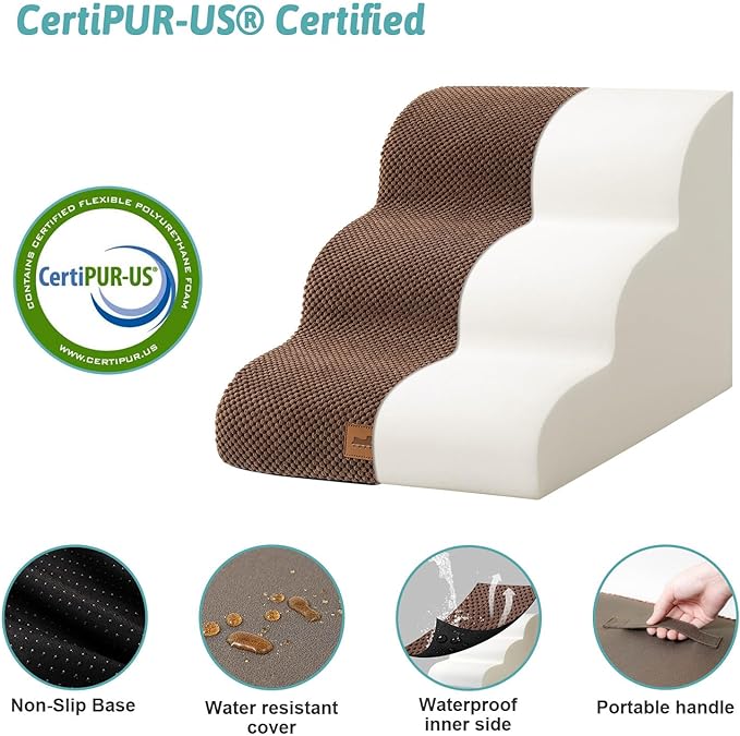 Dog Stairs for Couch or Low Bed, Small Dogs Ramp with Leakproof Fabric Cover, Foam Pet Steps for Cat and Sofa, Lightweight, Non-Slip, Durable, Comfort, 15.7x22.4x15.7in, Brown, 3 Tiers