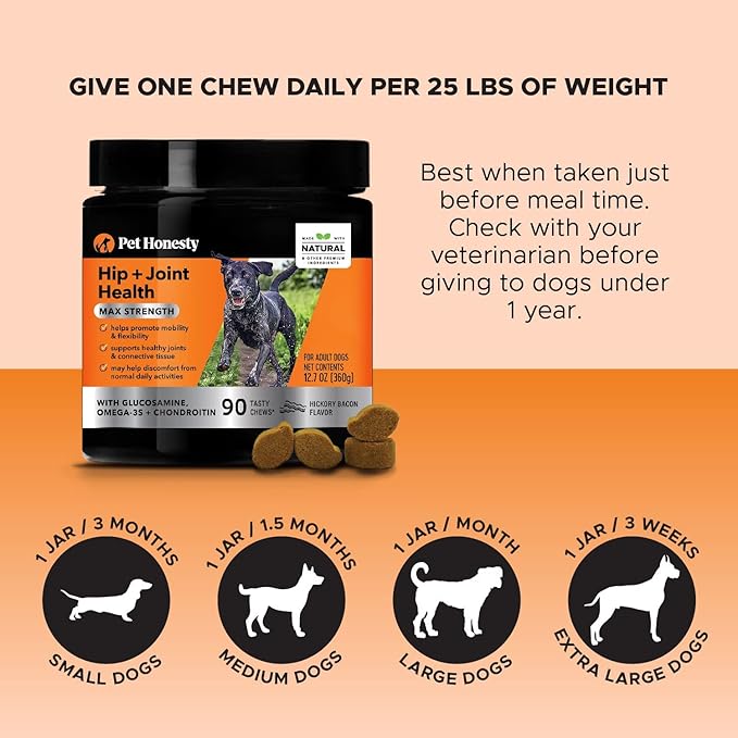 Pet Honesty Hip & Joint Health Max Strength - Natural Joint Supplement for Dogs Chews - Glucosamine, Omega-3s, Chondroitin, Green Lipped Mussel - Help Improve Mobility, May Reduce Discomfort (90 ct)