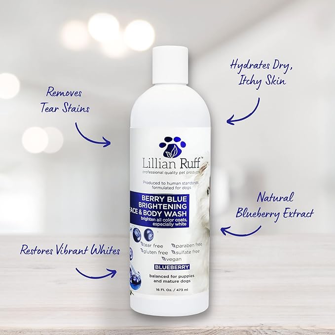 Lillian Ruff Berry Blue Brightening Face and Body Wash for Dogs - Blueberry Shampoo - Remove Tear Stains, Hydrate Dry Itchy Skin, Add Shine & Luster to Coats (Berry Blue Shampoo 16oz)