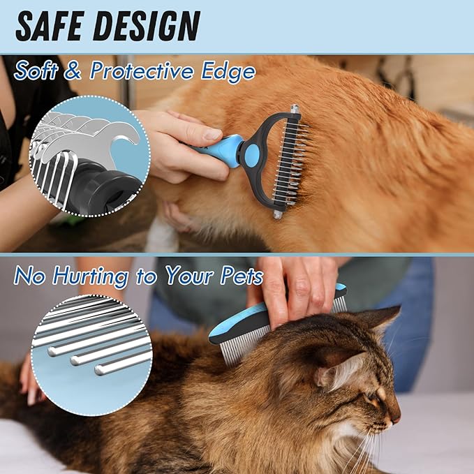 Pet Grooming Brush and Metal Comb Combo, Cat Brush Dog Brush for Shedding, Undercoat Rake for Dogs Grooming, Dematting Deshedding Brush Dogs Shedding Tool for Long matted Haired Pets, Blue