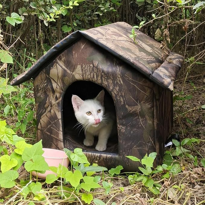 Outdoor/Indoor Faux Woodland Insulated Cat House, Waterproof, Insulated, Concealed, Collapsible, Removable, Easy to Clean. Suitable for Felines or Small Dogs(M)