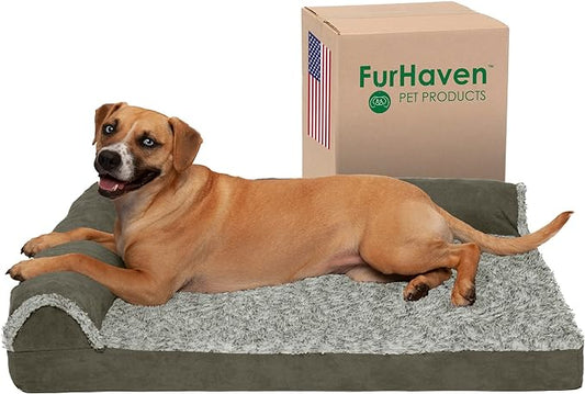 Furhaven Cooling Gel Dog Bed for Large/Medium Dogs w/ Removable Bolsters & Washable Cover, For Dogs Up to 55 lbs - Two-Tone Plush Faux Fur & Suede L Shaped Chaise - Dark Sage, Large