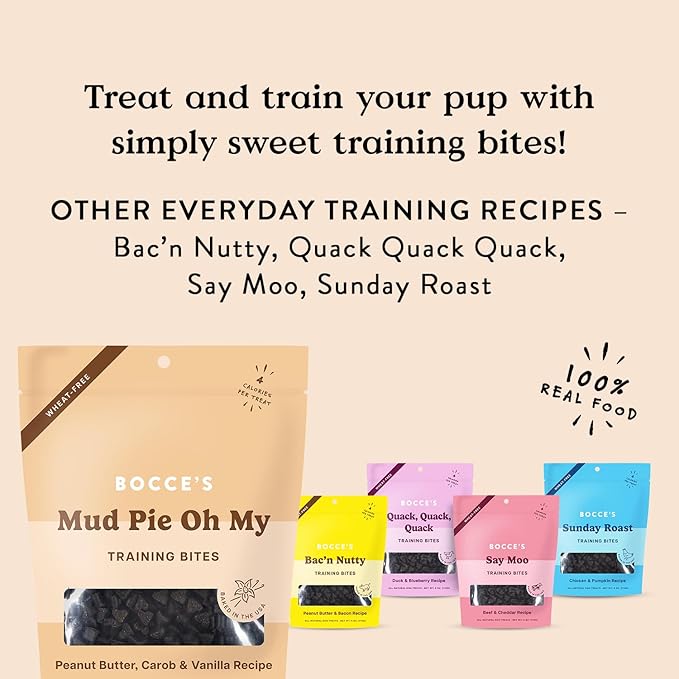 Bocce's Bakery Mud Pie Oh My Training Treats for Dogs, Wheat-Free Dog Treats, Made with Real Ingredients, Baked in The USA, All-Natural & Low Calorie Training Bites, PB, Carob, & Vanilla Recipe, 6 oz