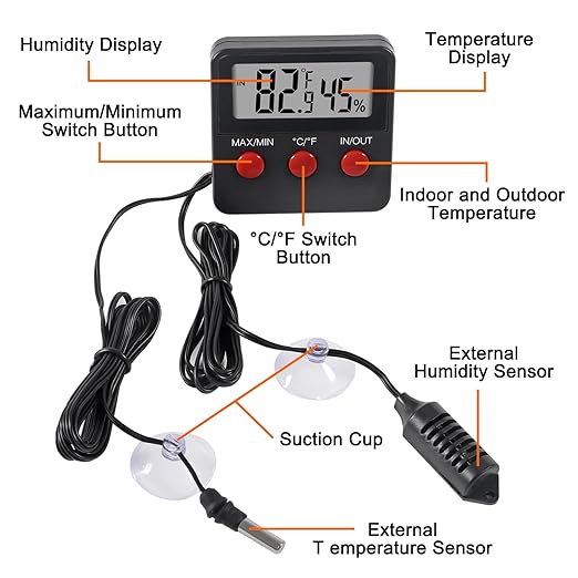 2pcs Reptile Thermometer and Humidity Gauge Reptile Thermometer Hygrometer with Probes Indoor Outdoor Digital Pet Temperature and Hygrometer Gauge for Reptiles Pet Keeping