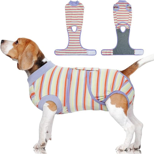 FUAMEY Recovery Suit for Dogs After Surgery,Soft Breathable Dog Bodysuit E-Collar & Cone Alternative Surgical Suit,Male Female Dog Neuter Spay Suits Anti Licking Wounds Onesie Purple Stripes XXL